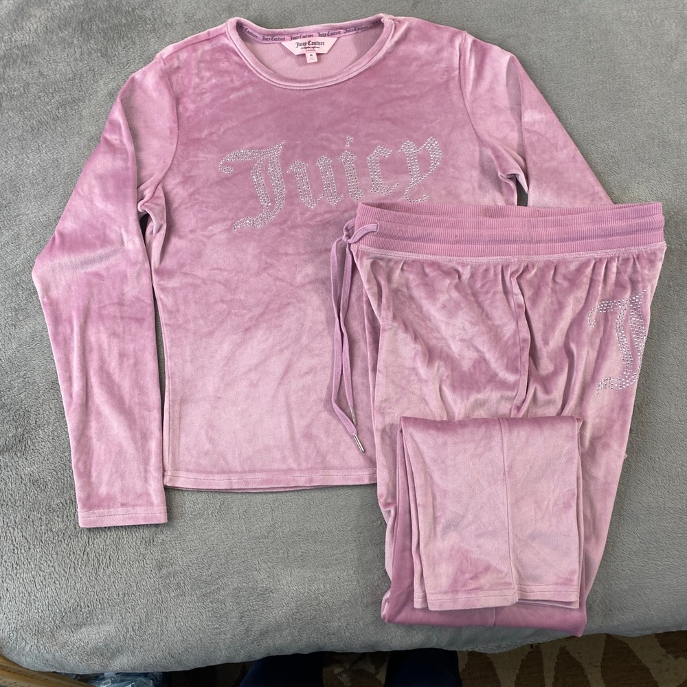 Juicy Couture Tracksuit Women M Pink Velour Rhinestone Logo Long Sleeve Set Y2K